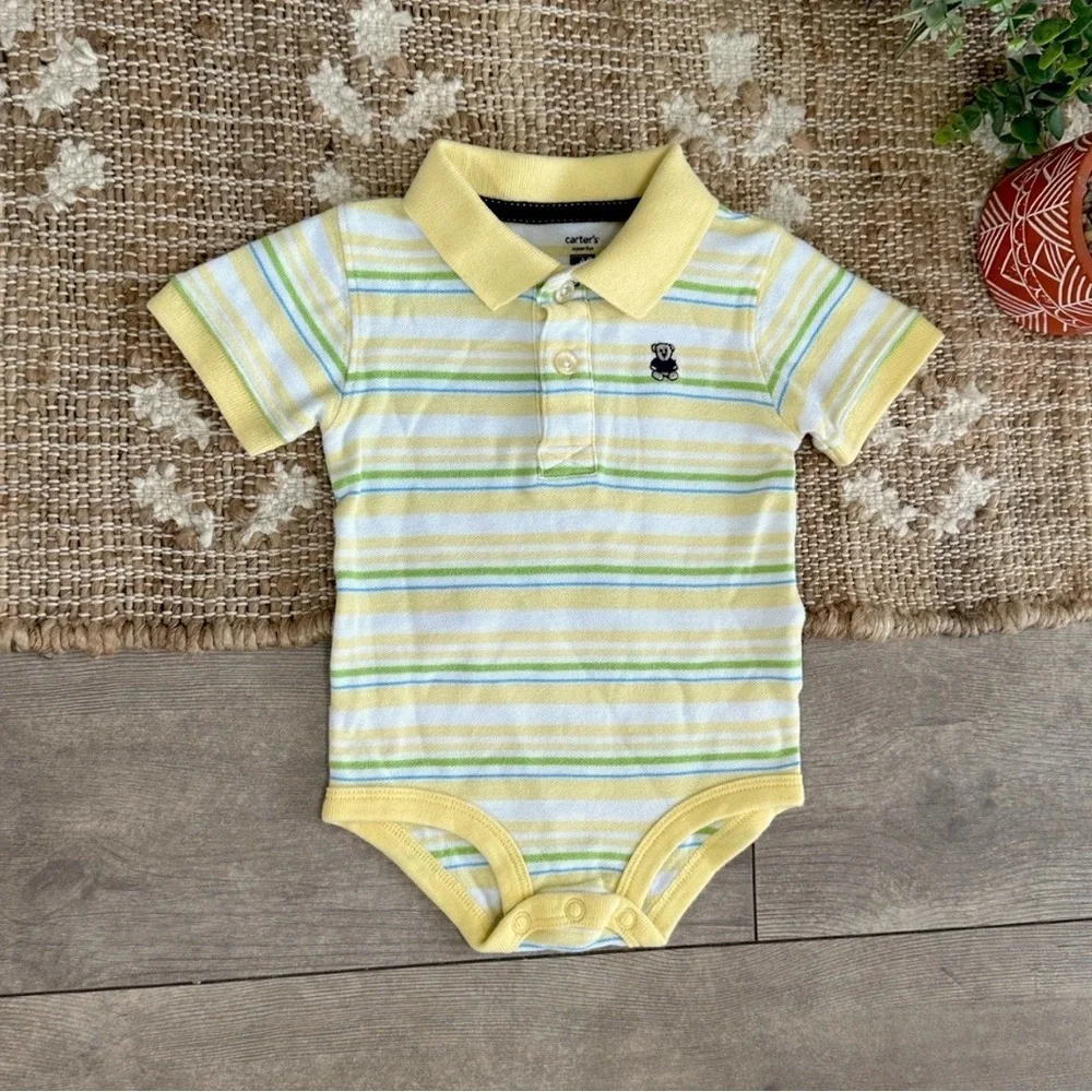 Y2K Carter’s Striped Collared Polo Outfit Teddy Bear Bodysuit 3 Months Baby Boy